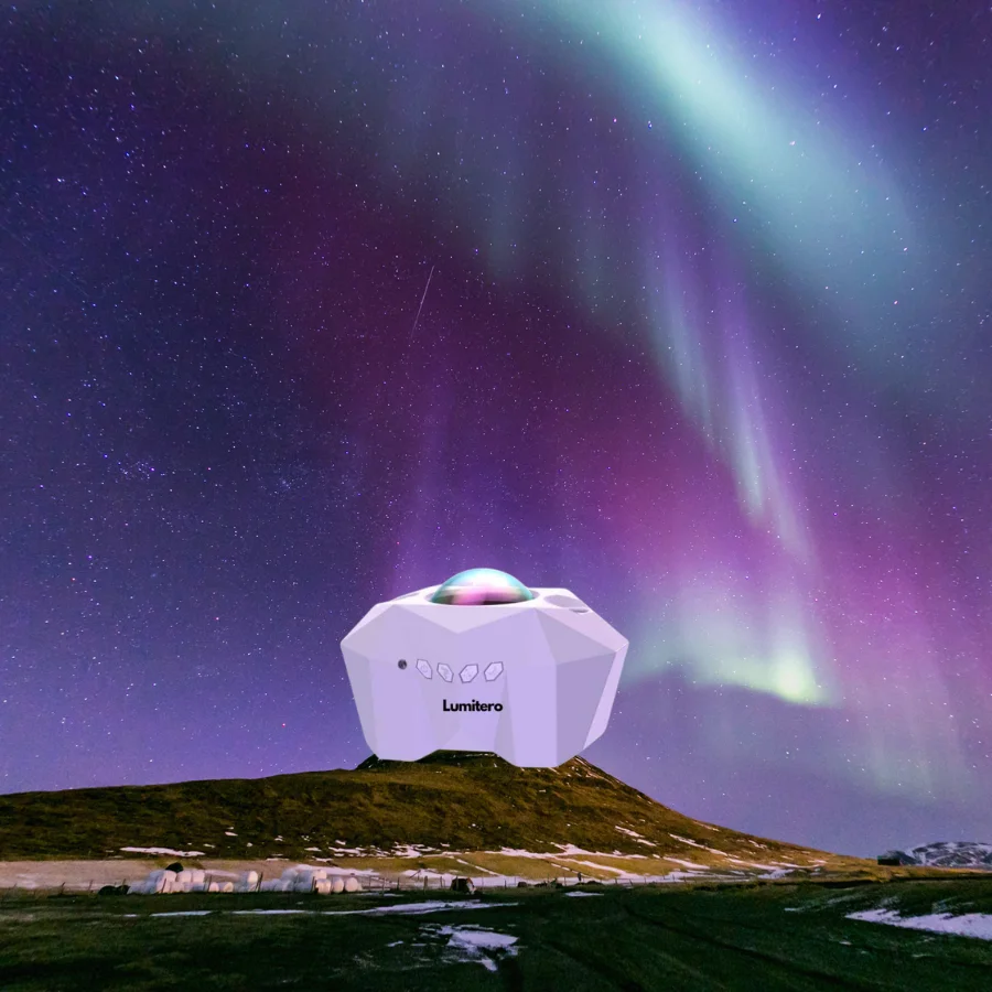 Lumitero Nordic 3 in 1 projector lamp with Bluetooth audio speaker and ambient lighting.