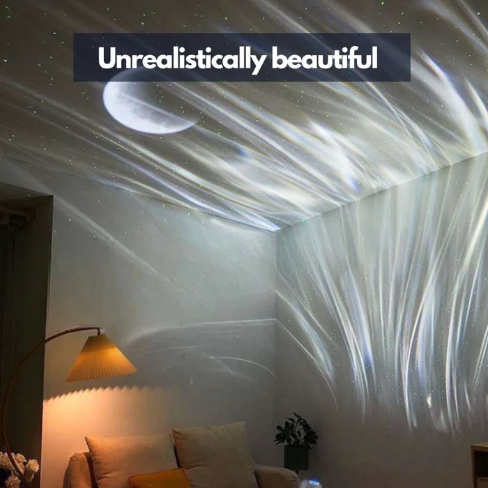 Star and moon projector lamp streaming soft light beams across a warmly lit living room ceiling.