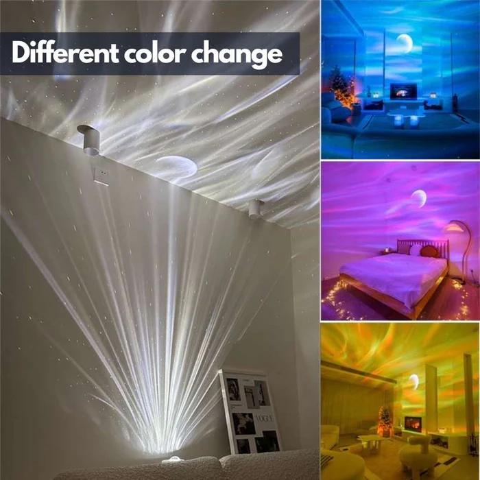 Star projector lamp showing blue, purple, and amber color-changing light scenes in three rooms.