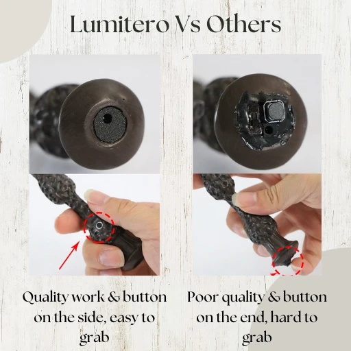 Lumitero fireball wand quality comparison showing an easy-grab side button vs a poor-quality end button.