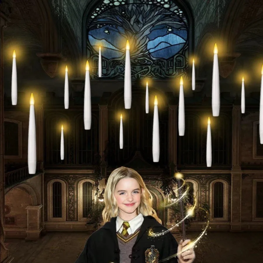 Lumitero floating candle display with glowing candles suspended in a magical room for elegant decor.