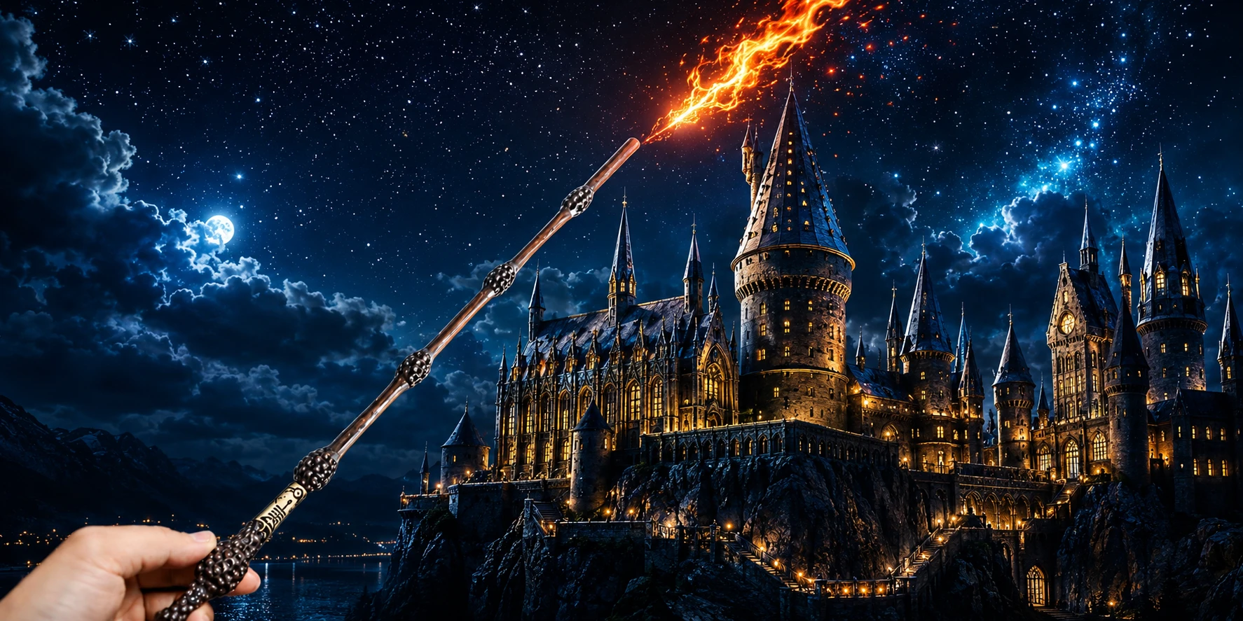 Fireball magic wand shooting a burst of flame toward an illuminated castle under a starry sky.